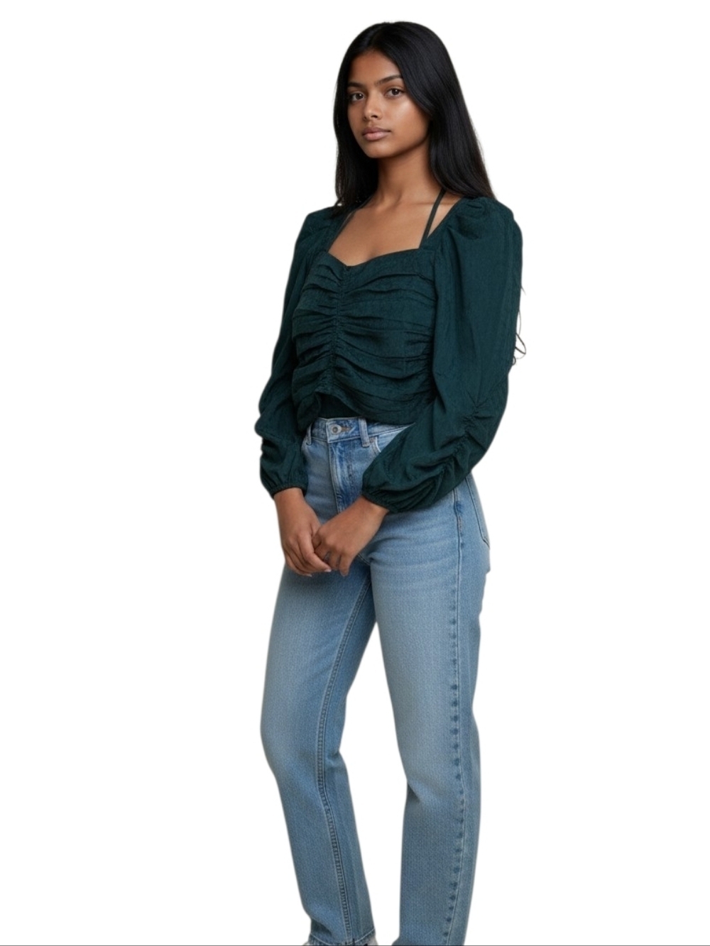 ASTR The Label Dark Green Festival Puff Sleeve Square Neck Blouse Women's Large